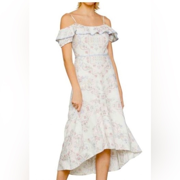 BCBGMaxAzria Dresses & Skirts - BCBG MAX AZRIA | Hi/Low Off Shoulder Floral Linen MIDI | M
